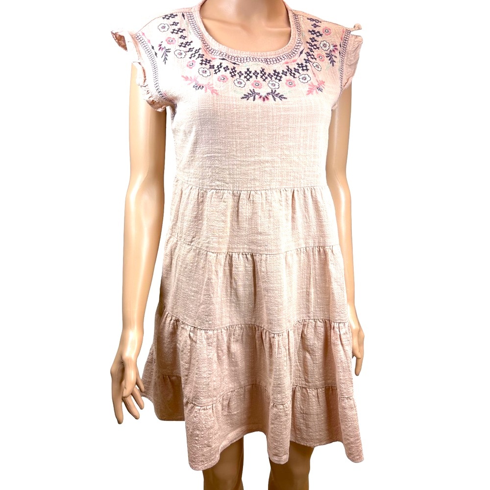 Knox Rose Blush and Navy Embroidered Cotton Mini Dress XS